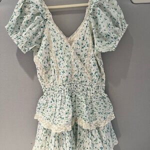 LoveShackFancy Floral Mini Dress in White and Green